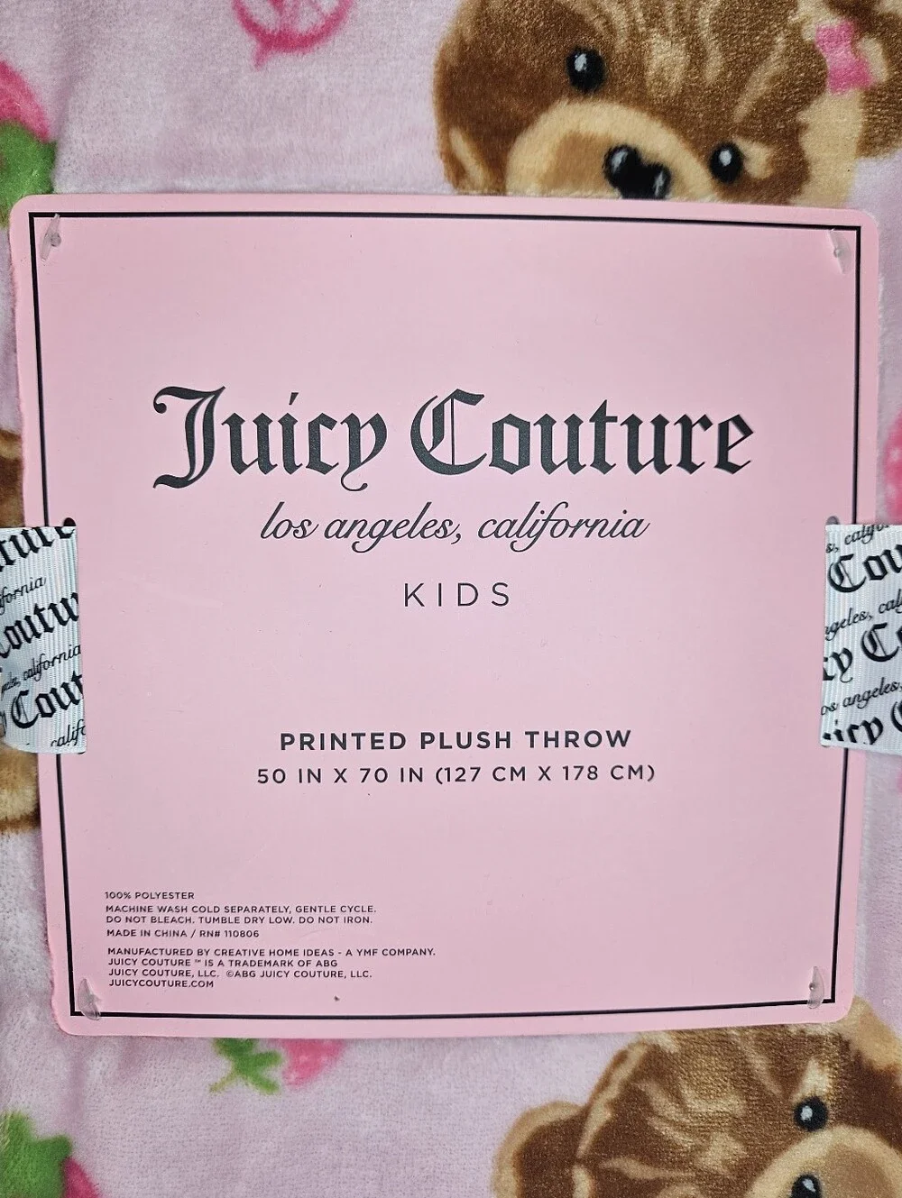 Juicy Couture Kids Pink Teddy Bear & Strawberry Plush Throw Blanket NWT